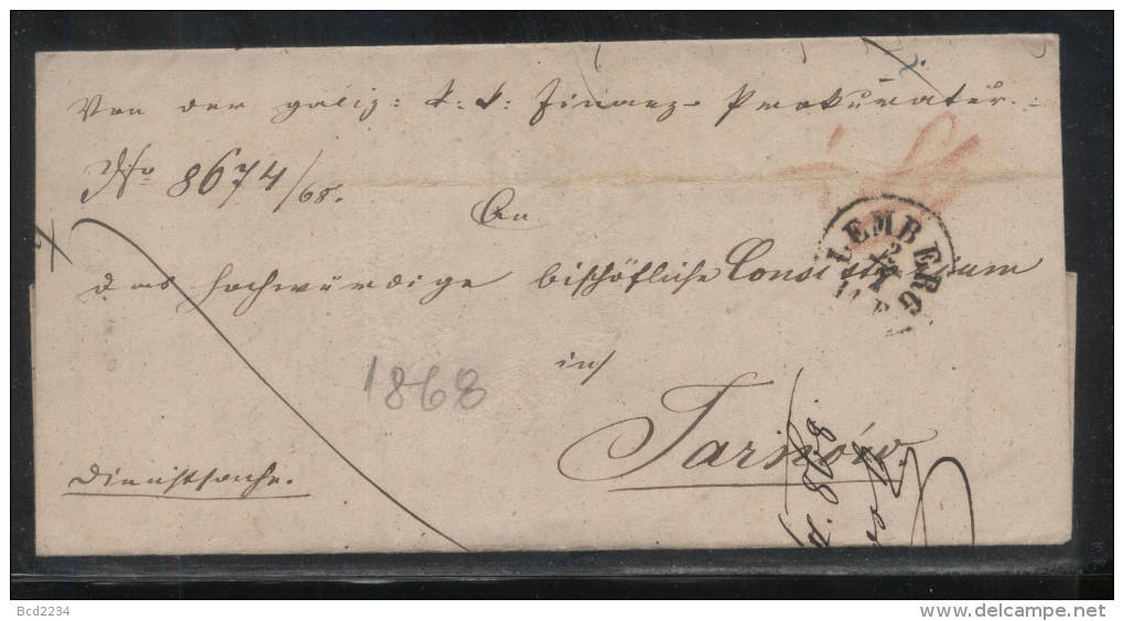 POLAND 1868 AUSTRIAN PARTITION ZONE STAMPLESS LETTER LEMBERG LVOV LVIV (NOW UKRAINE) TO TARNOW - Covers & Documents