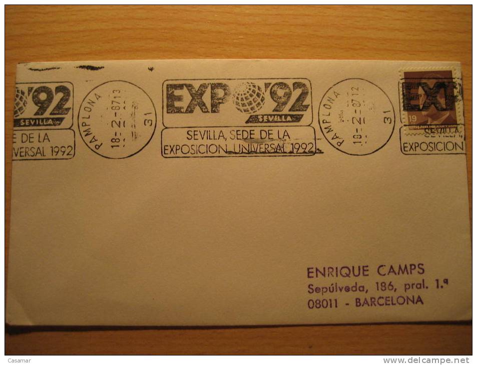 PAMPLONA NAVARRA 1987 Expo 92 Sevilla Colon America Rodillo Matasellos Especial Cancel Sobre Cover Lettre - Storia Postale