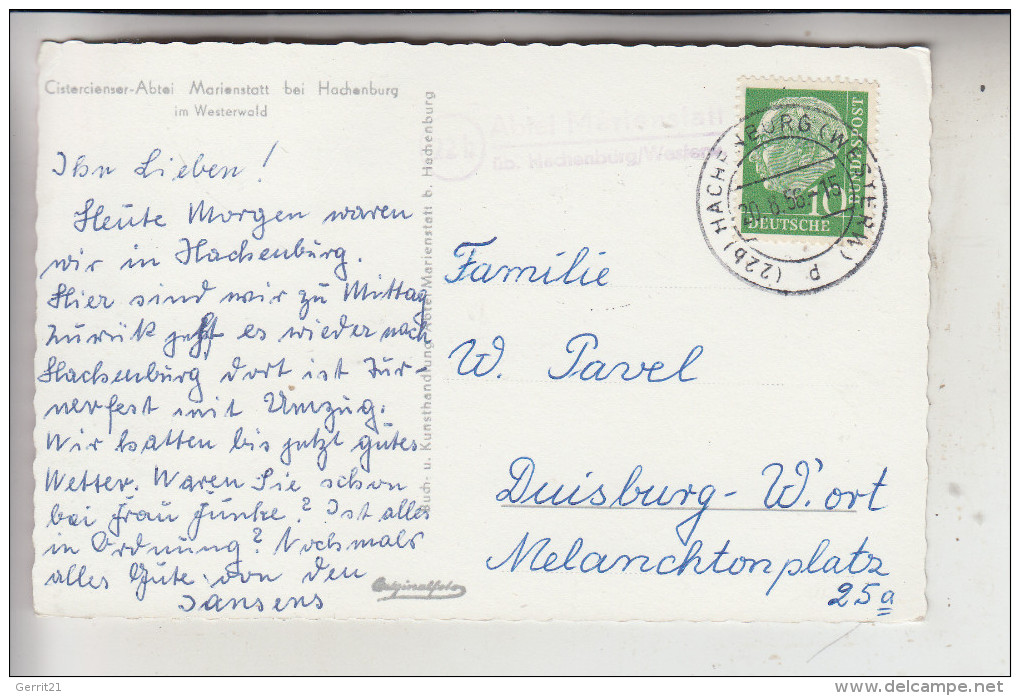 5238 HACHENBURG - MARIENSTATT, Abtei, 1956, Landpoststempel "22b Abtei Marienstatt üb. Hachenburg/Westerwald" - Hachenburg