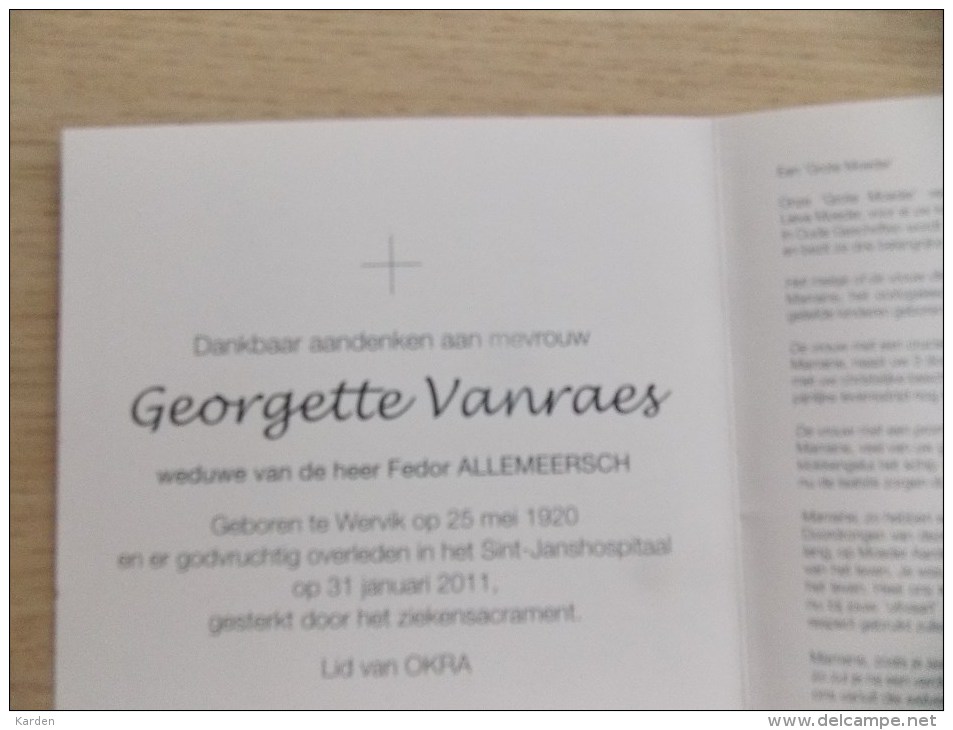 Doodsprentje Georgette Vanraes Wervik 25/5/1920 - 31/1/2011 ( Fedor Allemeersch ) - Religion & Esotérisme