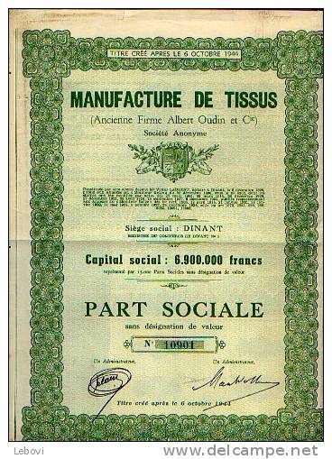 DINANT "Manufacture De Tissus SA" - Part Sociale - Textiel