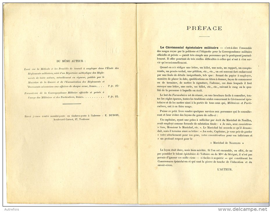 FORMULAIRE DE LA CORRESPONDANCE MILITAIRE  -  TOULOUSE  -  E.DUBOIS   -  DEDICACE  -  1895  -  92 PAGES - Français