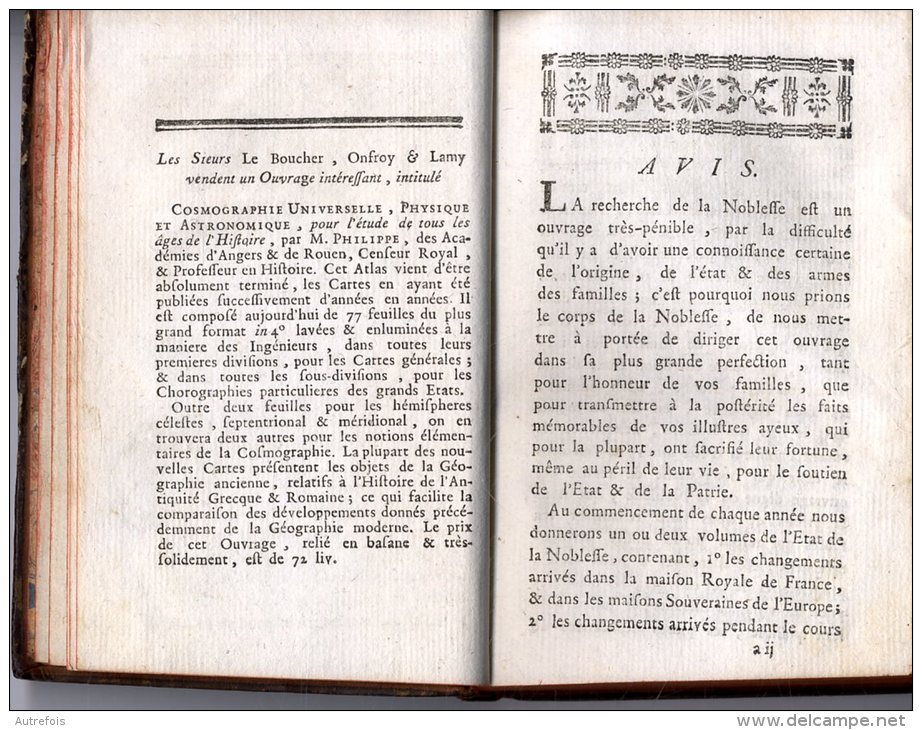 ETAT DE LA NOBLESSE POUR L ANNEE 1782  -  TOME PREMIER A- I  -  376 PAGES  -  1782 - 1701-1800