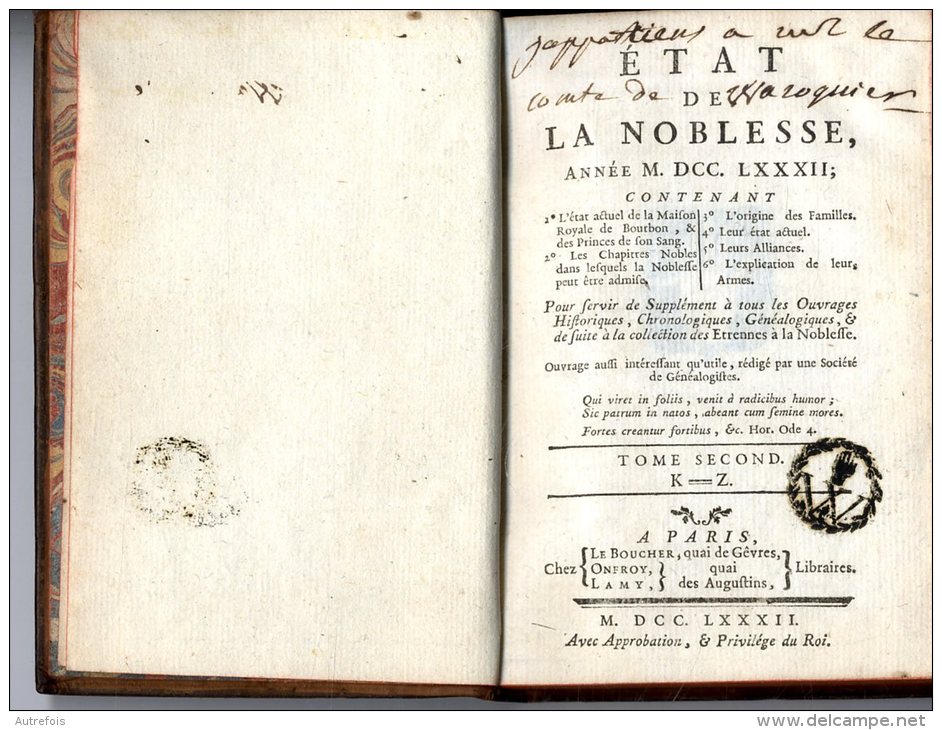 ETAT DE LA NOBLESSE POUR L ANNEE 1782  -  TOME SECOND K-Z   -  376 PAGES  -  1782 - 1701-1800