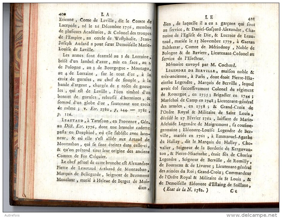 ETAT DE LA NOBLESSE POUR L ANNEE 1782  -  TOME SECOND K-Z   -  376 PAGES  -  1782 - 1701-1800