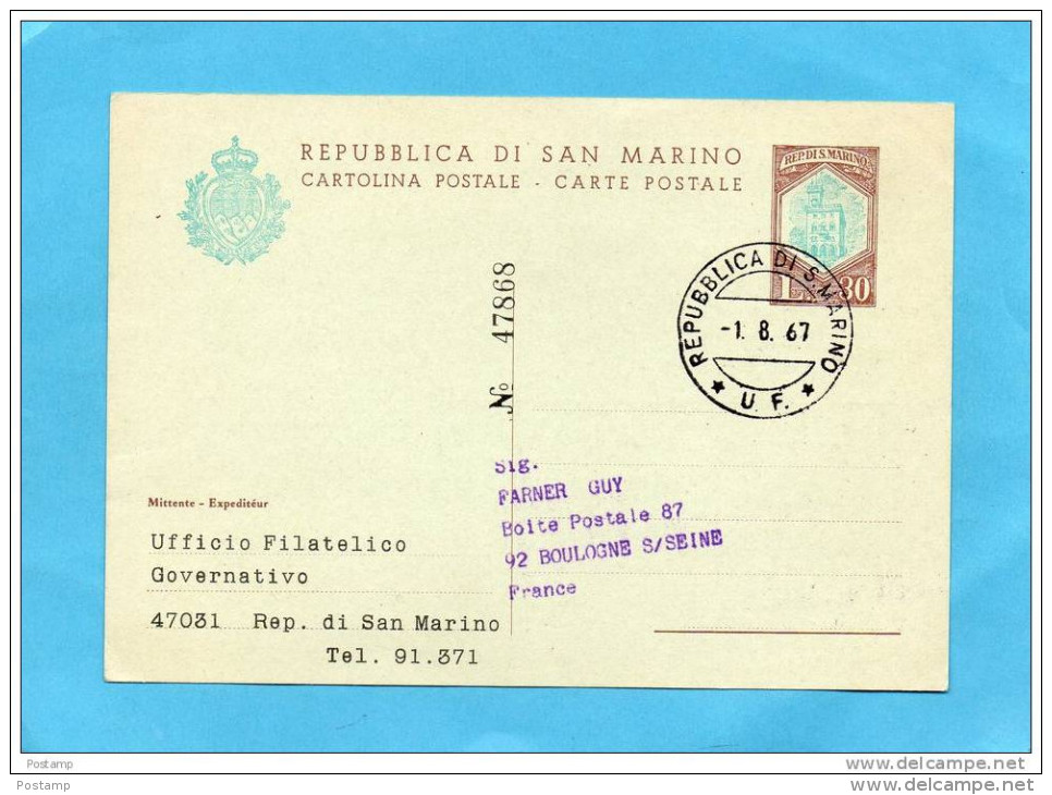 MARCOPHILIE Carte  -entier Postal -numéroté 47688--30lires- A Voyagé1967" -pour   Françe - Entiers Postaux