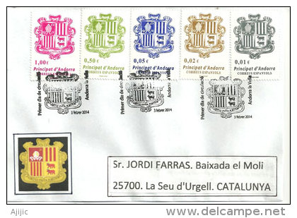 ANDORRE. Nouvelle Série Des Armoiries D'Andorre 2014. Sur Lettre Adressée En Catalogne (oblit.illustrée FDI) - Covers & Documents