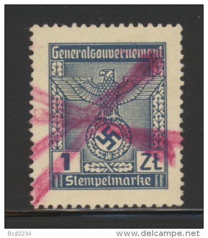 POLAND 1940 WW2 GENERAL GOUVERNEMENT 1ZL BLUE REVENUE USED BF#14 - Fiscaux