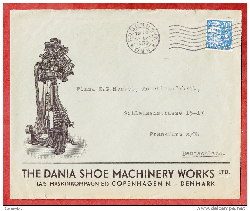 Illustrierter Firmenbrief, Dania Shoe Machinery, EF Karavelle, Kobenhavn Nach Frankfurt 1939 (51976) - Covers & Documents