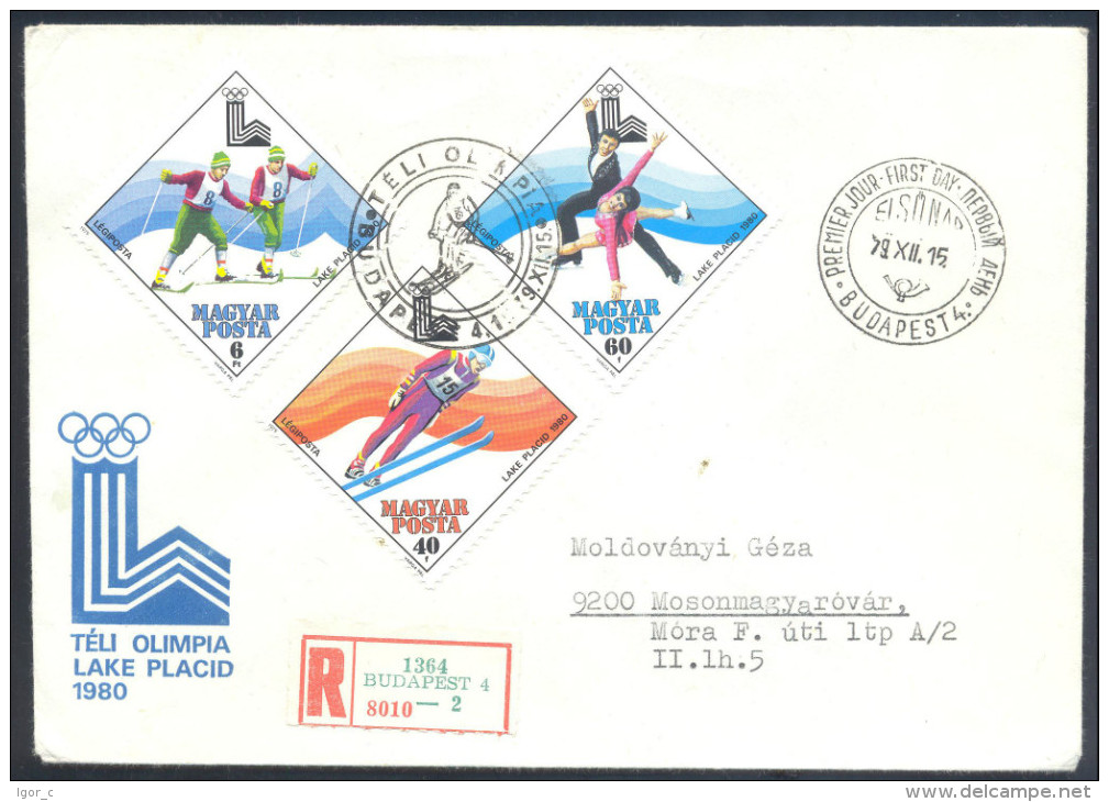 Hungary 1980 Olympic Games Lake Placid Registered Cover - 3 Olympic Stamps, Olympic Cancellation And Cachet - Hiver 1980: Lake Placid