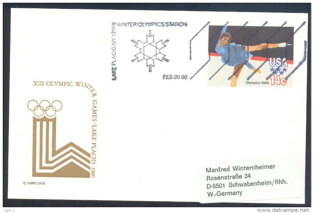 USA 1980 Olympic Games Lake Placid Postal Stationery Card - Figure Skatin, Snowflake Cancellation, Logo Cachet - Hiver 1980: Lake Placid