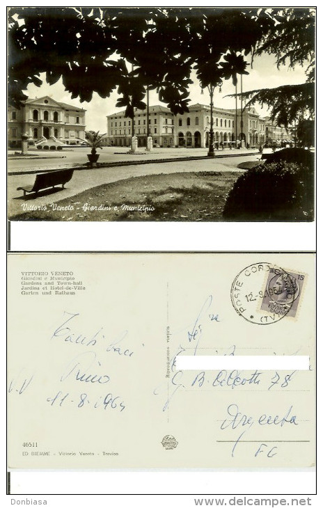 Vittorio Veneto (Treviso): Giardini E Municipio. Cartolina B/n FG Viag. 1964 (timbro Postale Cordignano) - Treviso