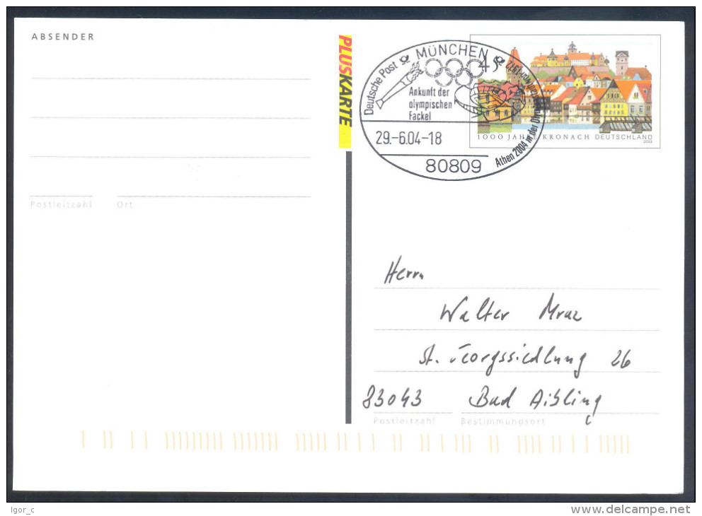 Germany  2004 Olympic Games Athens Postal Stationery Card (Pluskarte) - Torch Relay - Flame In 1972 Host City Munich - Summer 2004: Athens