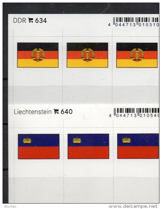2x3 In Farbe Flaggen-Sticker Liechtenstein+DDR 7€ Kennzeichnung Von Alben Karte Sammlung LINDNER 640+634 Flag FL Germany - Fichas De Archivo
