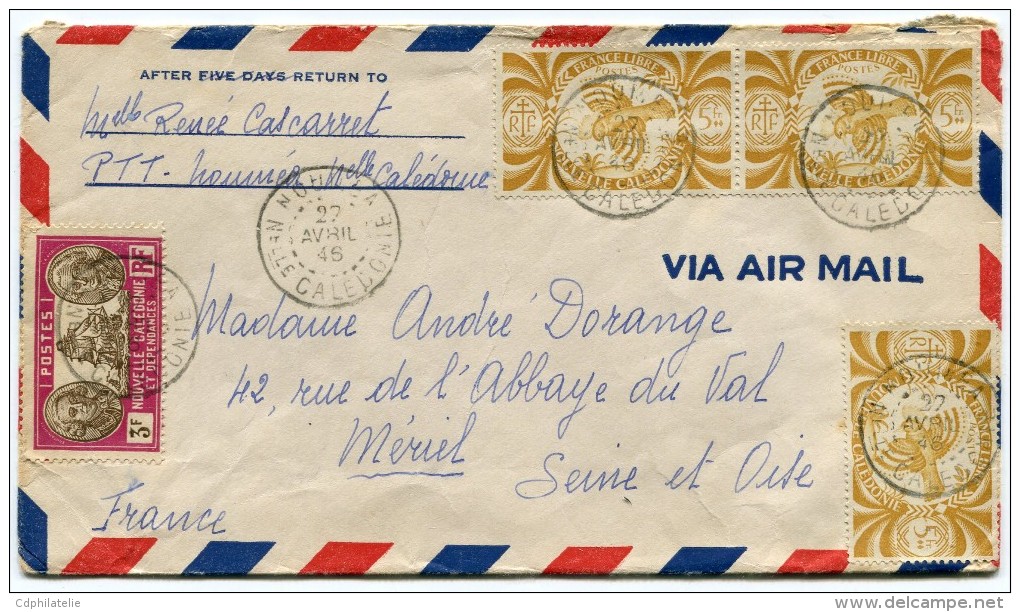 NOUVELLE-CALEDONIE FRANCE LIBRE  LETTRE PAR AVION DEPART NOUMEA 27 AVRIL 46 Nelle CALEDONIE POUR LA FRANCE - Cartas & Documentos