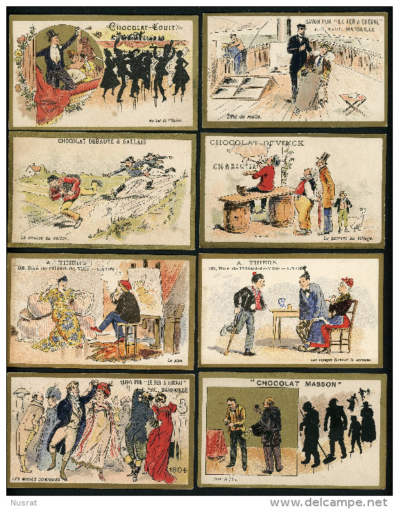 Lot 8 Chromos Lith. Champenois, Humour, Roulis, Voyages, Chasse, Peintre, Jour De L'an, Bal Opéra, Pipe, Modes Comiques - Autres & Non Classés