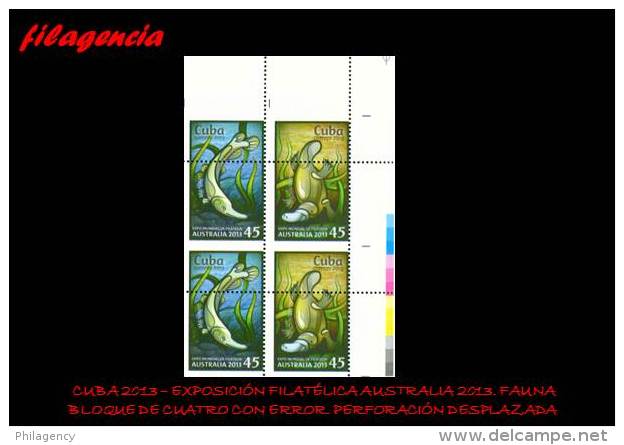 PIEZAS. CUBA. ERRORES. 2013-36 FAUNA DE AUSTRALIA & CUBA. SELLOS 45 CENTAVOS. BLOQUE DE CUATRO. PERFORACIÓN DESPLAZADA - Imperforates, Proofs & Errors