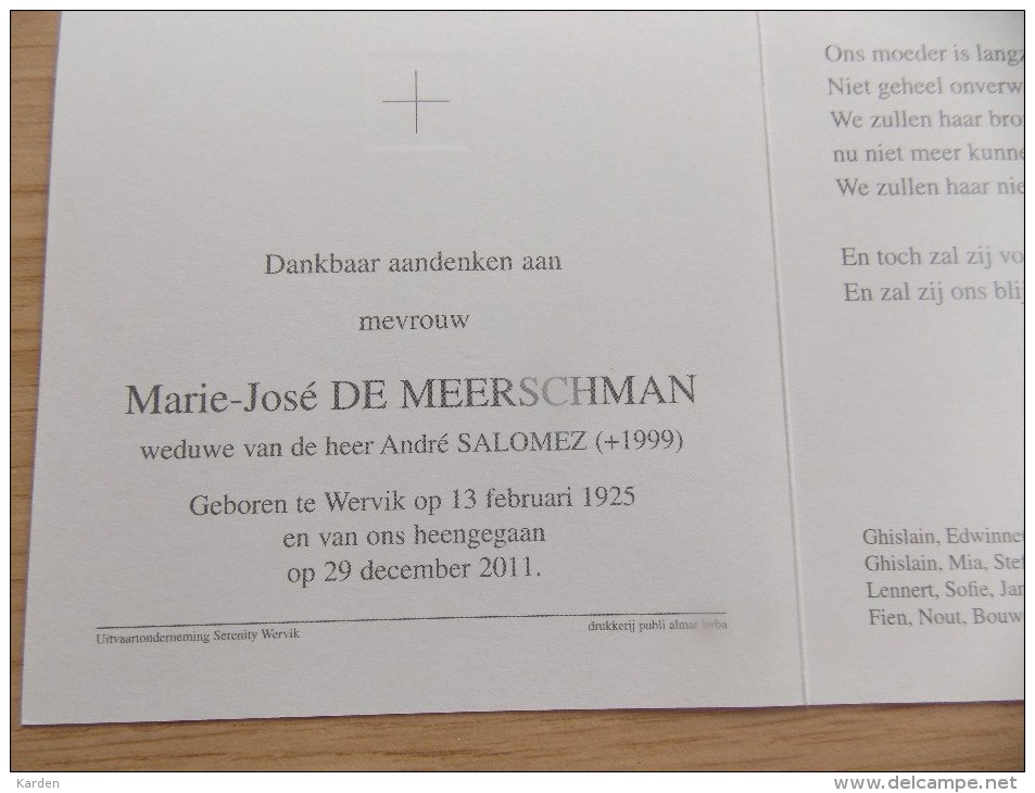 Doodsprentje Marie José De Meerschman Wervik 13/2/1925 - 29/12/2011 ( André Salomez ) - Religión & Esoterismo