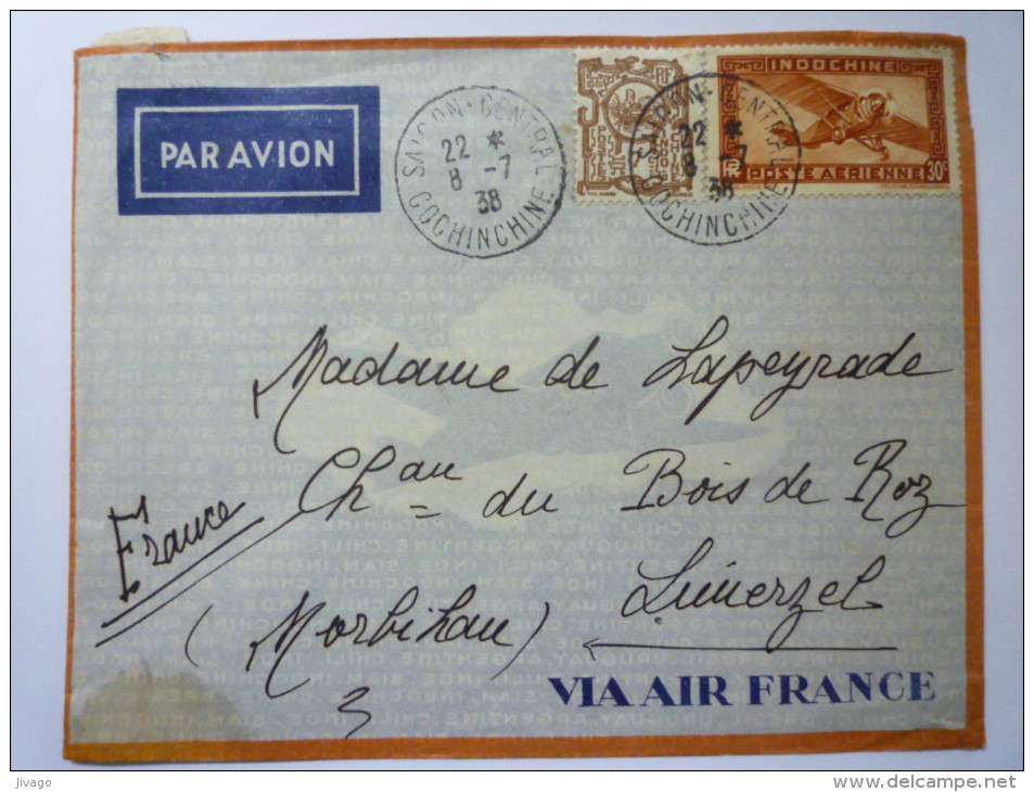 Lettre De  COCHINCHINE  à Destination De  LIMERZEL  (Morbihan)   1938 - Sonstige & Ohne Zuordnung