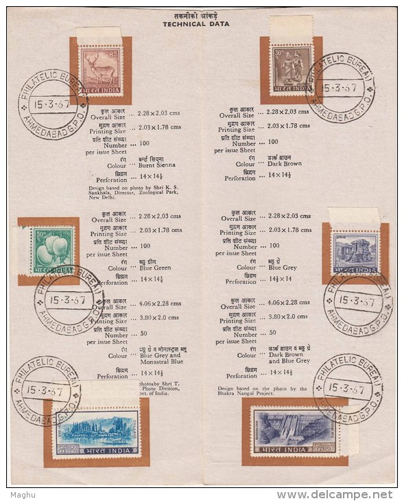 Stamped Information On Definitive Series 1967, Technical Data,  Deer, Mango Fruit, Bhakra Dam, Kashmir Lake, Etc., India - Covers & Documents