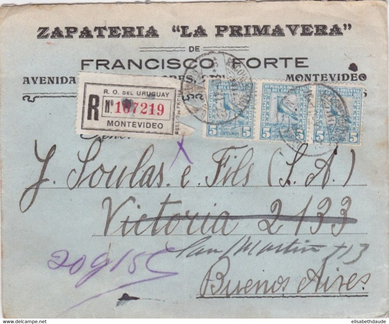 URUGUAY - 1923 - ENVELOPPE RECOMMANDEE De MONTEVIDEO Pour BUENOS AIRES (ARGENTINE) - Uruguay