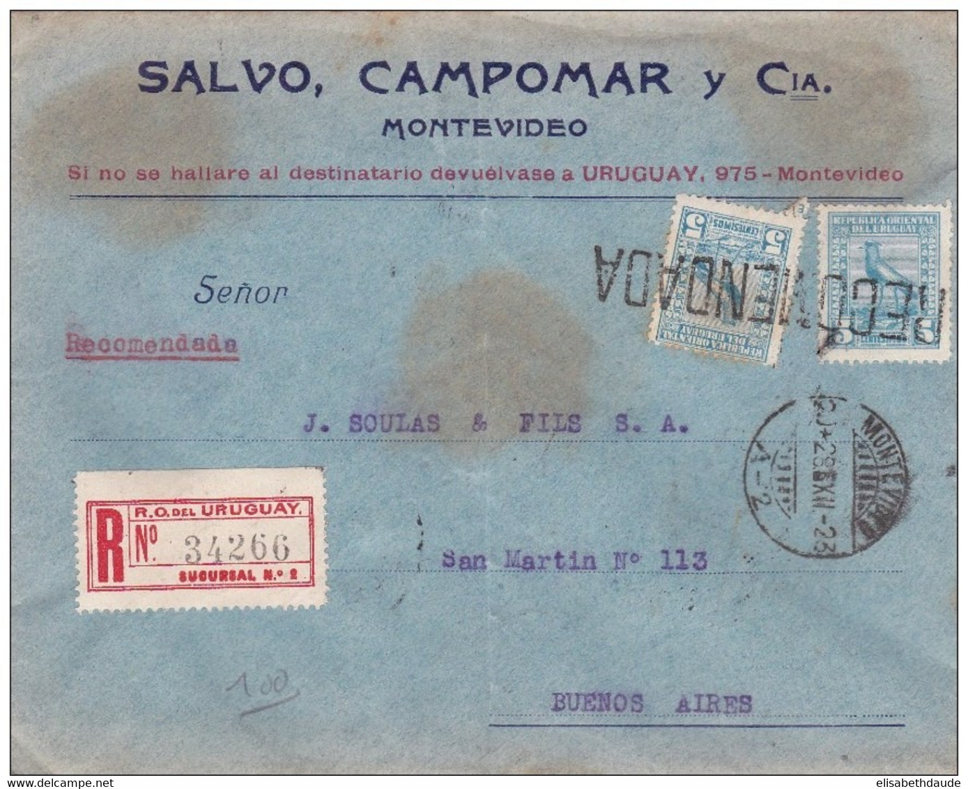 URUGUAY - 1923 - ENVELOPPE RECOMMANDEE De MONTEVIDEO Pour BUENOS AIRES (ARGENTINE) - Uruguay