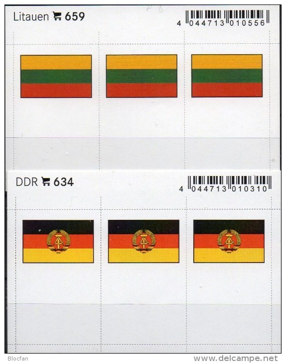 2x3 In Farbe Flaggen-Sticker Litauen+DDR 7€ Kennzeichnung Alben Karten Sammlungen LINDNER 634+659 Flag Lithuiana Germany - Klasseerkaarten