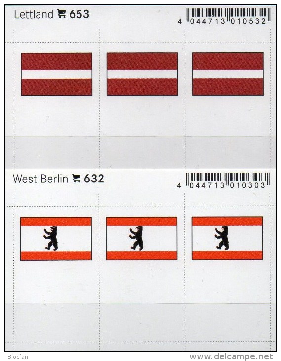 2x3 In Farbe Flaggen-Sticker Lettland+Berlin 7€ Kennzeichnung Alben Karten Sammlung LINDNER 632+653 Flags Latvia Germany - Cartoncini A Listelli