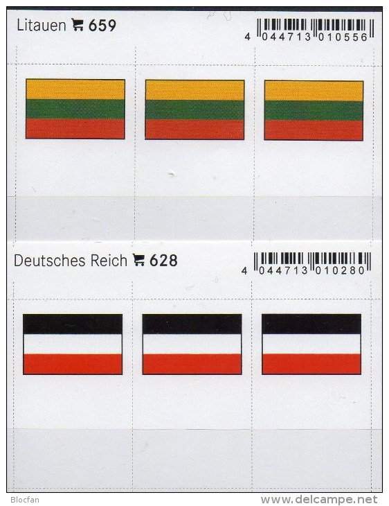 2x3 In Farbe Flaggen-Sticker Litauen+DR 7€ Kennzeichnung Alben Karten Sammlungen LINDNER 628+659 Flags Lithuiana Germany - Klasseerkaarten