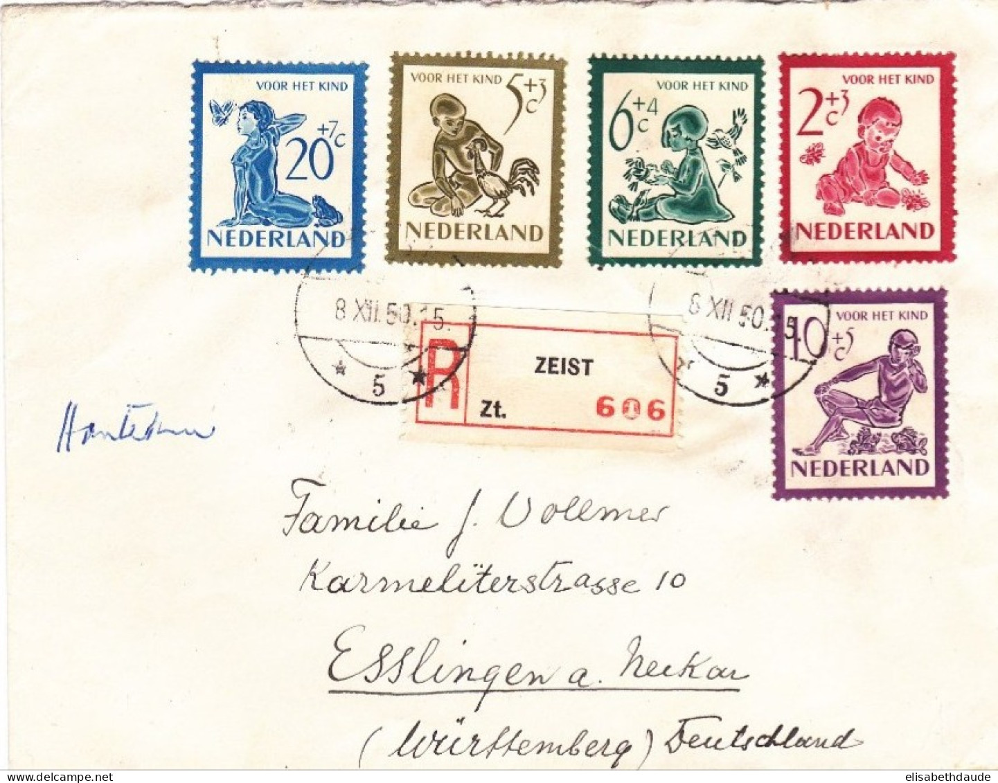 NEDERLAND - 1950 - SERIE COMPLETE YVERT N°549/553 Sur ENVELOPPE RECOMMANDEE De ZEIST Pour ESSLINGEN - Brieven En Documenten