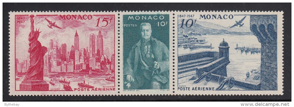 Monaco MH Scott #C20a Strip Of 3 Louis II, Monte Carlo Harbour, NYC Skyline - Centenary Int´l Philatelic Exhibition - Poste Aérienne