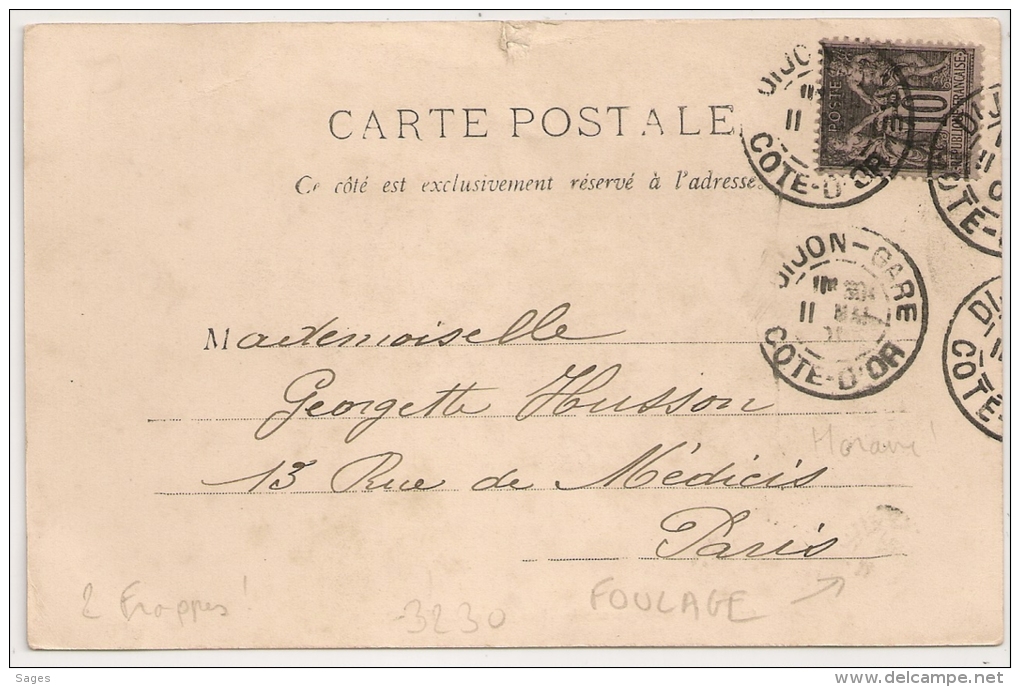 2 DAGUIN Horaire DIJON GARE Cote D 'Or Sur Carte SAGE. FOULAGE ! Peu Commun Ainsi. - 1877-1920: Periodo Semi Moderno