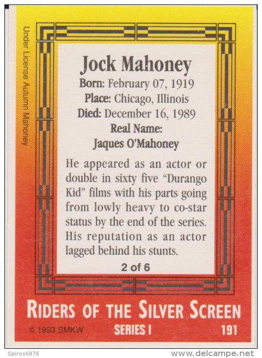 Westerns Films Actor JOCK MAHONEY Card As The Legendary Cowboy RANGE RIDER From RIDERS OF THE SILVER SCREEN Set 1993 - Other & Unclassified