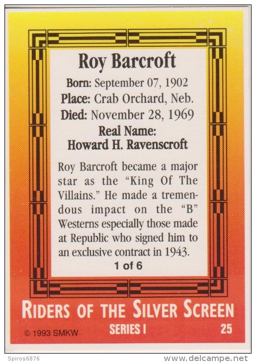 Westerns Films Actor ROY BARCROFT Cowboy Card From RIDERS OF THE SILVER SCREEN Set 1993 - Other & Unclassified