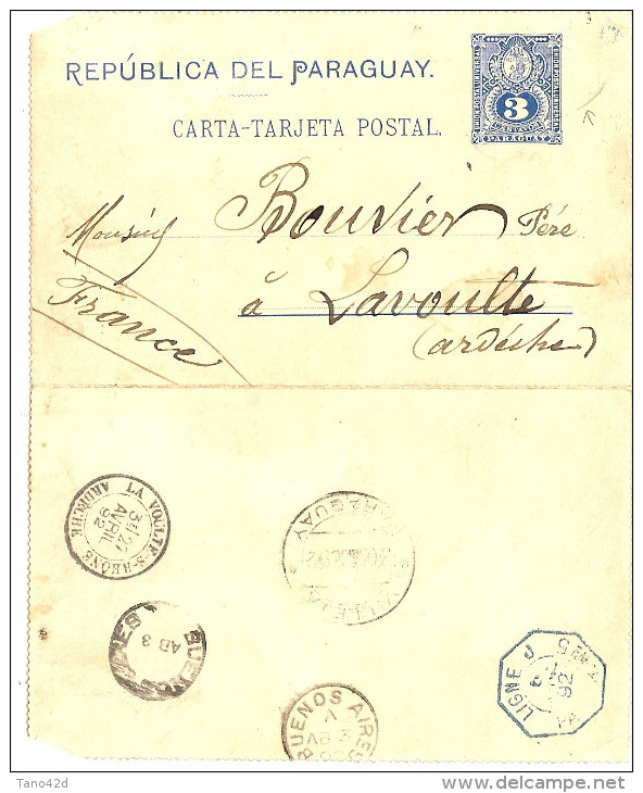 LINT2 - PARAGUAY - EP CL VILLELA / LA VOULTE (ARDECHE) MARS 1892 PAR BS.AIRES ET LIGNE J N°5 - Paraguay