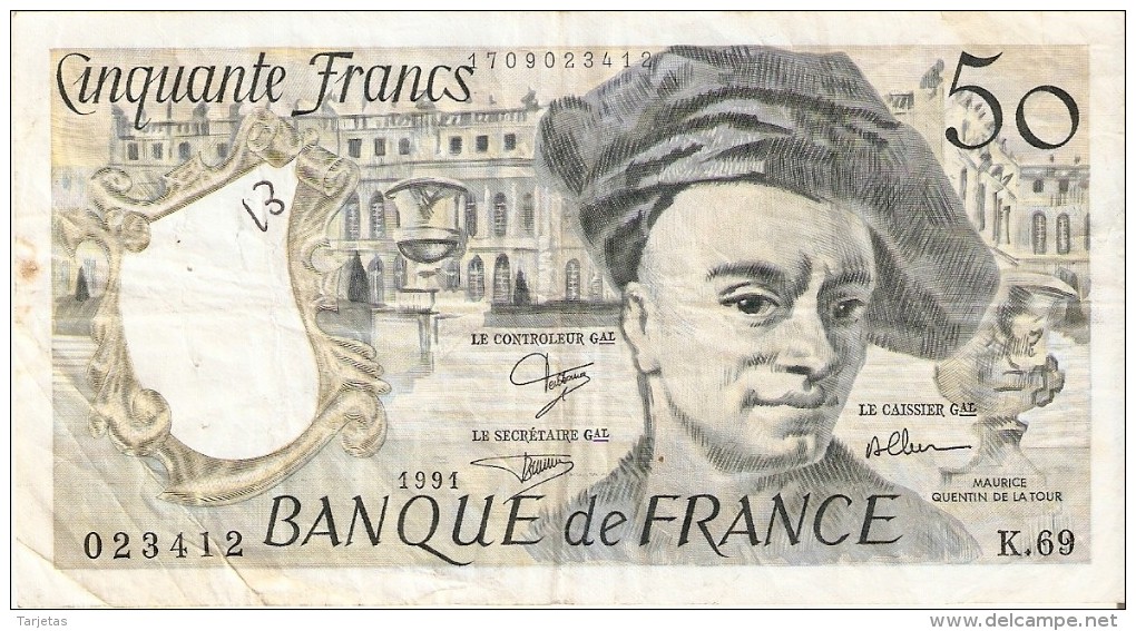 BILLETE DE FRANCIA DE 50 FRANCOS DE QUENTIN DE LA TOUR DEL AÑO 1991 (BANKNOTE) - 50 F 1976-1992 ''Quentin De La Tour''