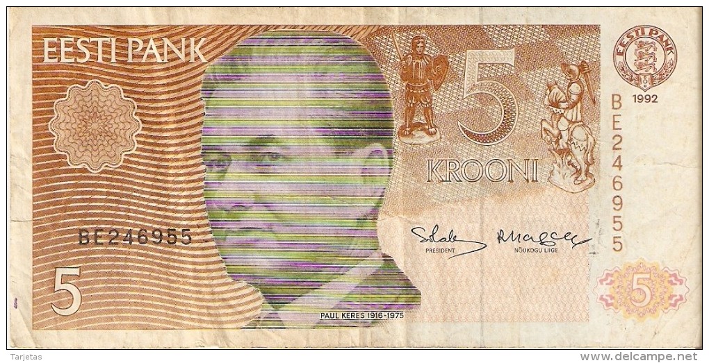 BILLETE DE ESTONIA DE 5 KROONI DEL AÑO 1992 (BANK NOTE) - Estonie