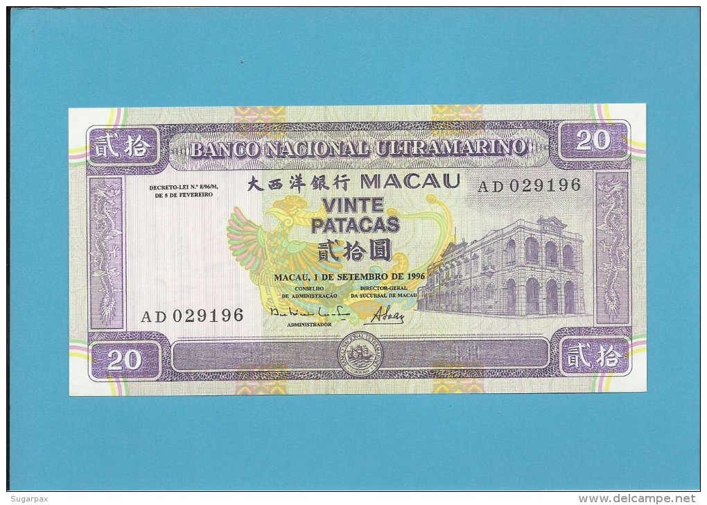 MACAO MACAU - 20 PATACAS - 1.9.1996 - P 66 - UNC. - PORTUGAL - Macao