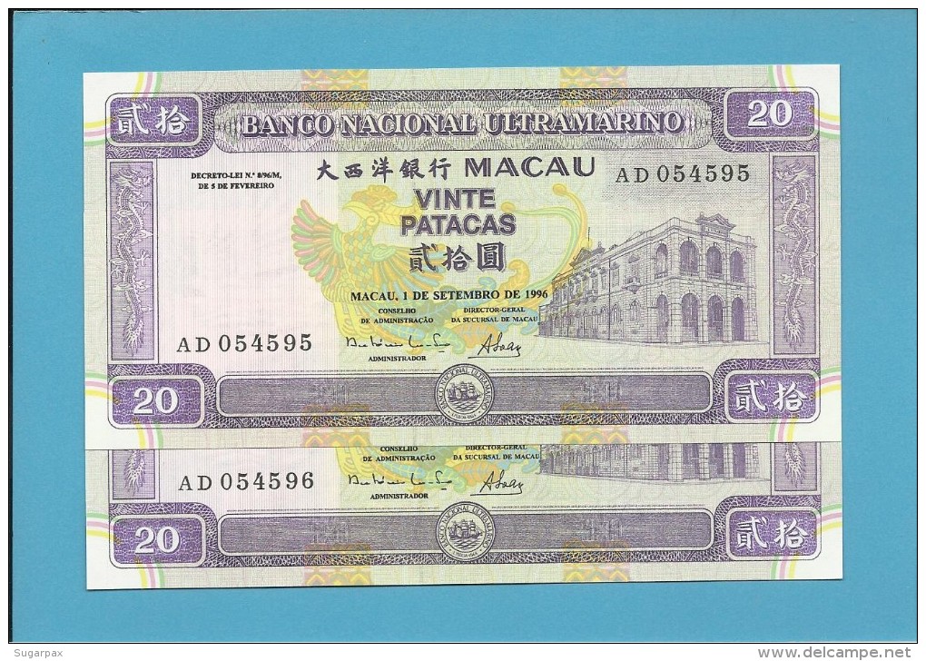 MACAO MACAU - 2 X 20 PATACAS - 1.9.1996 - P 66 - UNC. - PORTUGAL - Macao