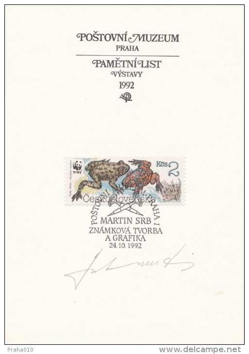 I2614 - Czechoslovakia (1992) Commemorative Sheet Exhibitions At Postal Museum Signed By The Author Engraving Stamp WWF! - Cartas & Documentos