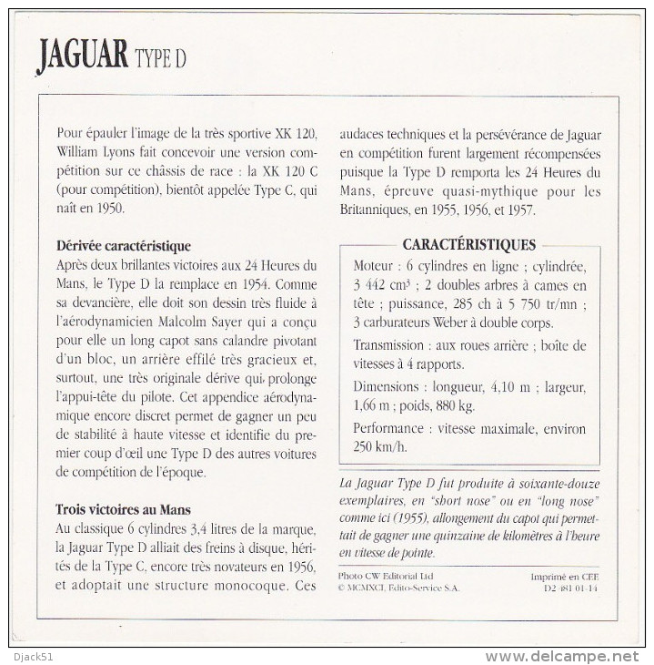 Fiche : Voitures De Course / JAGUAR Type D / 1954 - 1956 / Epoque Clasique / Grande-Bretagne - Automobile - F1