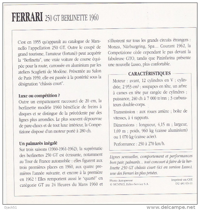 Fiche : Voitures De Course / FERRARI - 250 GT BERLINETTE 1960 / 1960 - 1963 / Epoque Classique / Italie - Automovilismo - F1