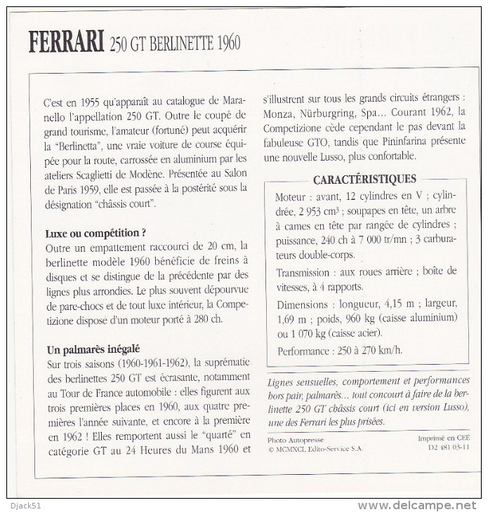 Fiche : Voitures De Course / FERRARI - 250 GT BERLINETTE 1960 / 1960 - 1963 / Epoque Classique / Italie - Automobile - F1
