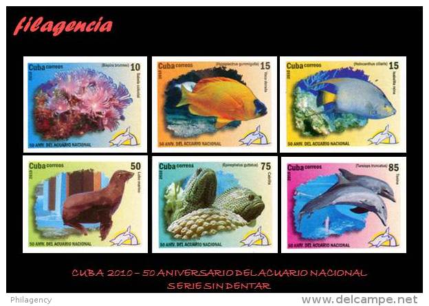 PIEZAS. CUBA MINT. 2010-09 50 ANIVERSARIO DEL ACUARIO NACIONAL. FAUNA MARINA. PECES. SERIE SIN DENTAR - Imperforates, Proofs & Errors