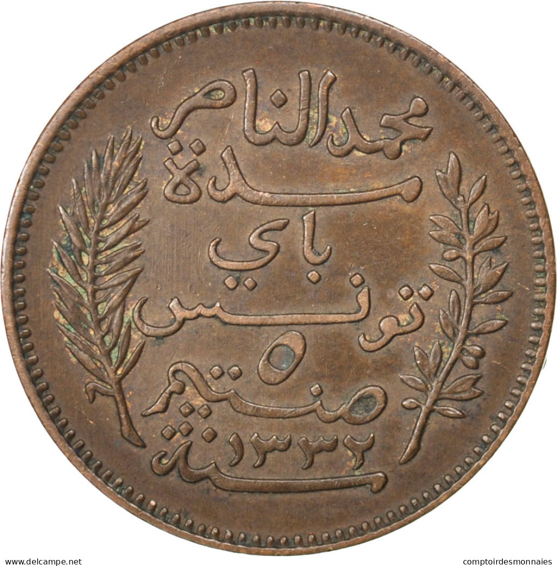 Monnaie, Tunisie, Muhammad Al-Nasir Bey, 5 Centimes, 1914, Paris, TTB, Bronze - Túnez