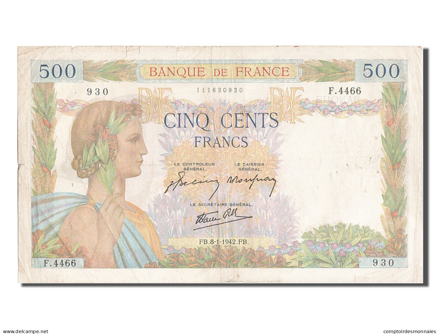 Billet, France, 500 Francs, 500 F 1940-1944 ''La Paix'', 1942, 1942-01-08, TB+ - 500 F 1940-1944 ''La Paix''