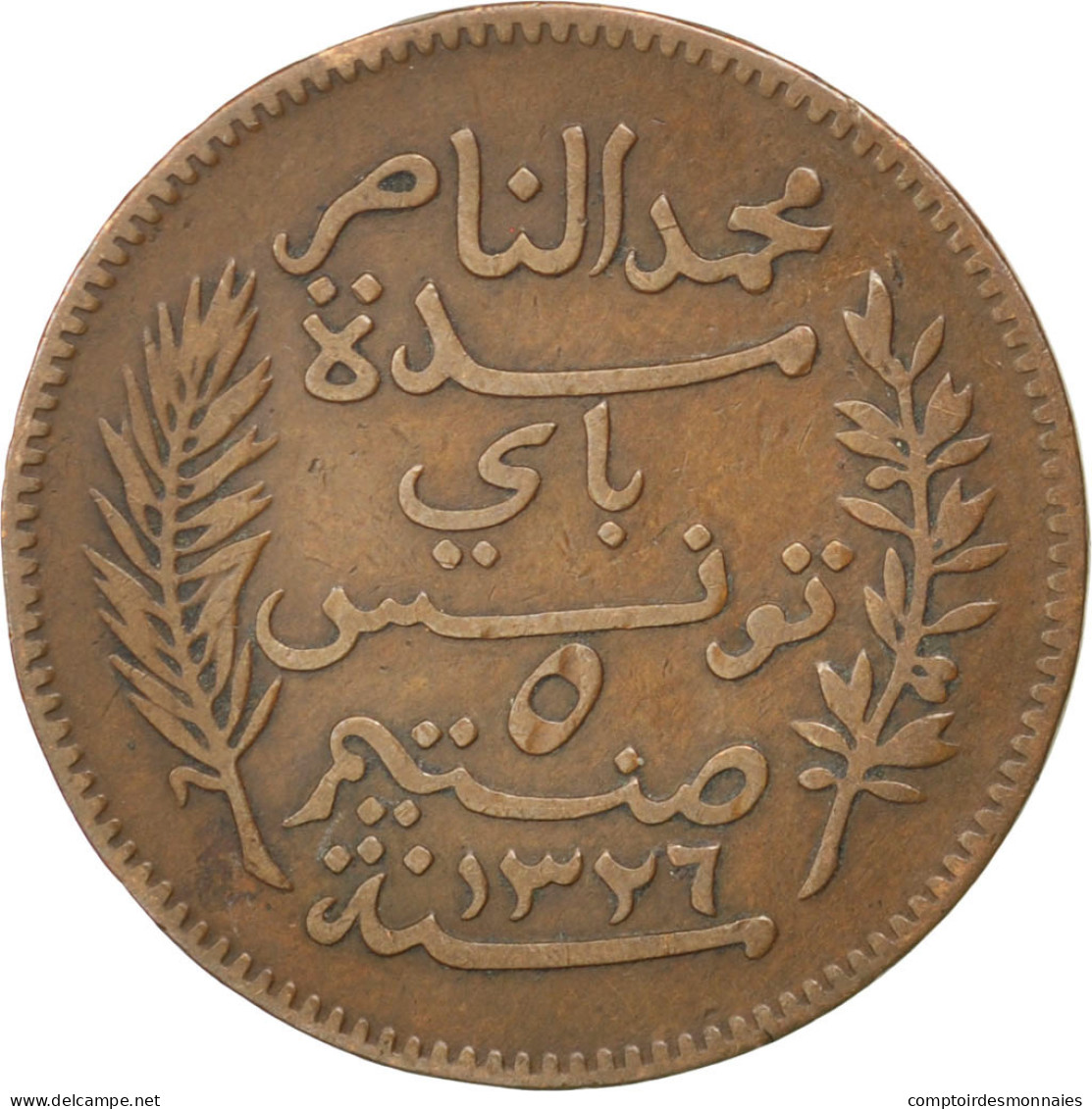 Monnaie, Tunisie, Muhammad Al-Nasir Bey, 5 Centimes, 1908, Paris, TTB, Bronze - Tunisie