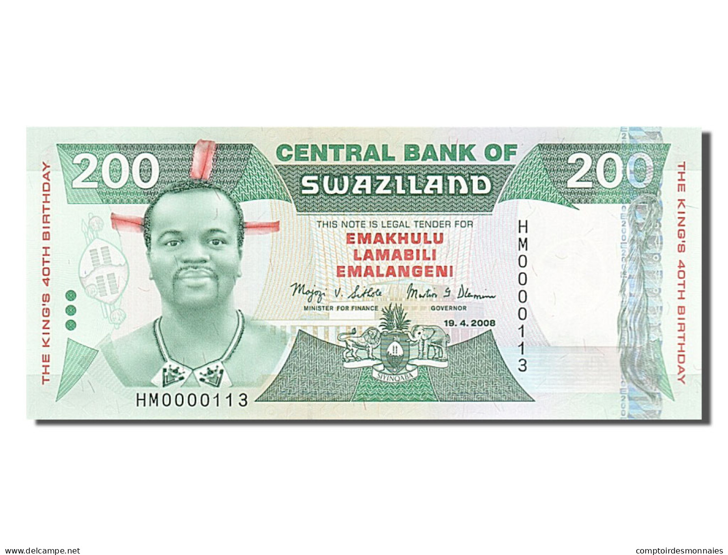 Billet, Swaziland, 200 Emalangeni, 2008, 2008-04-19, NEUF - Swaziland