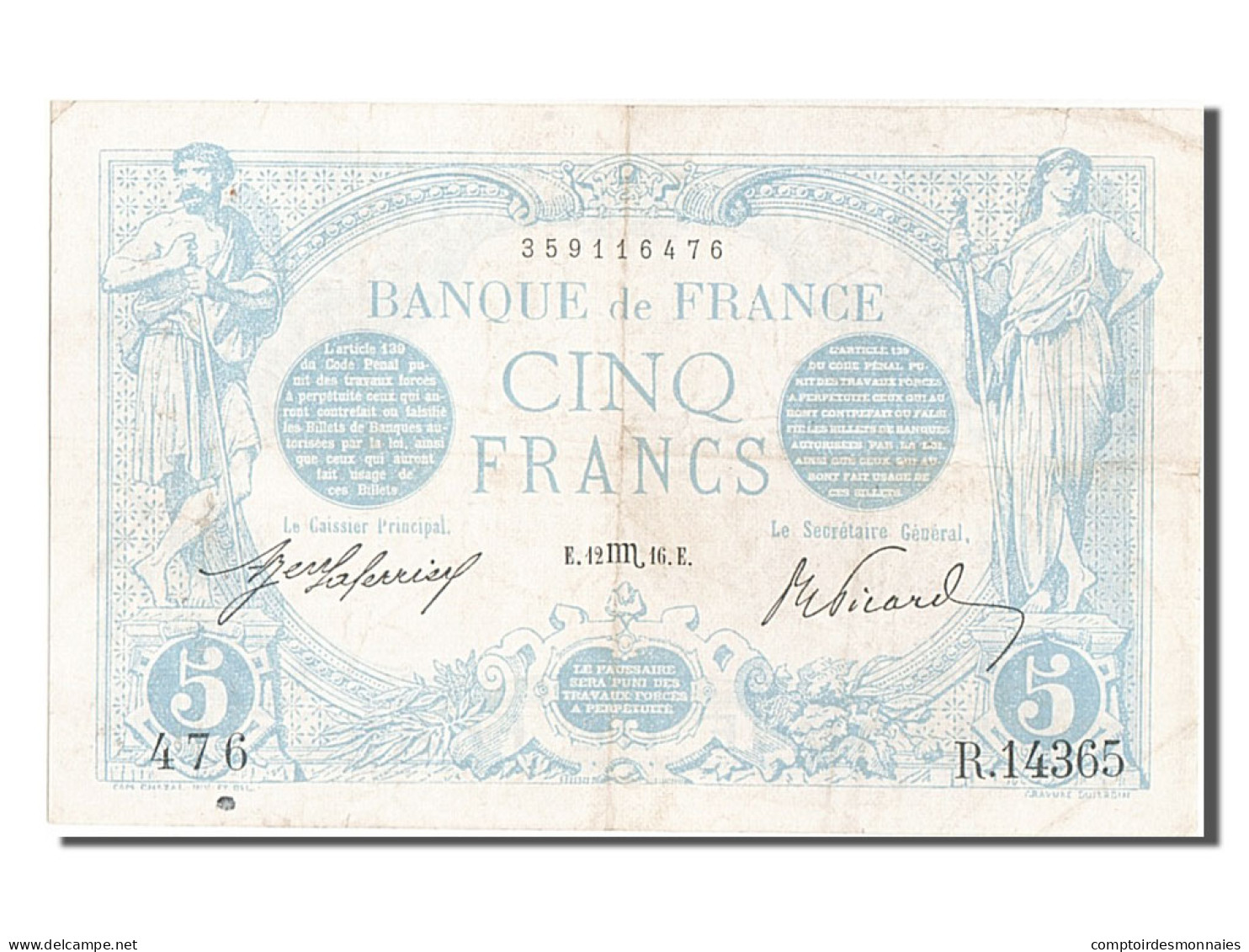 Billet, France, 5 Francs, 5 F 1912-1917 ''Bleu'', 1916, 1916-10-12, TB+ - 5 F 1912-1917 ''Bleu''