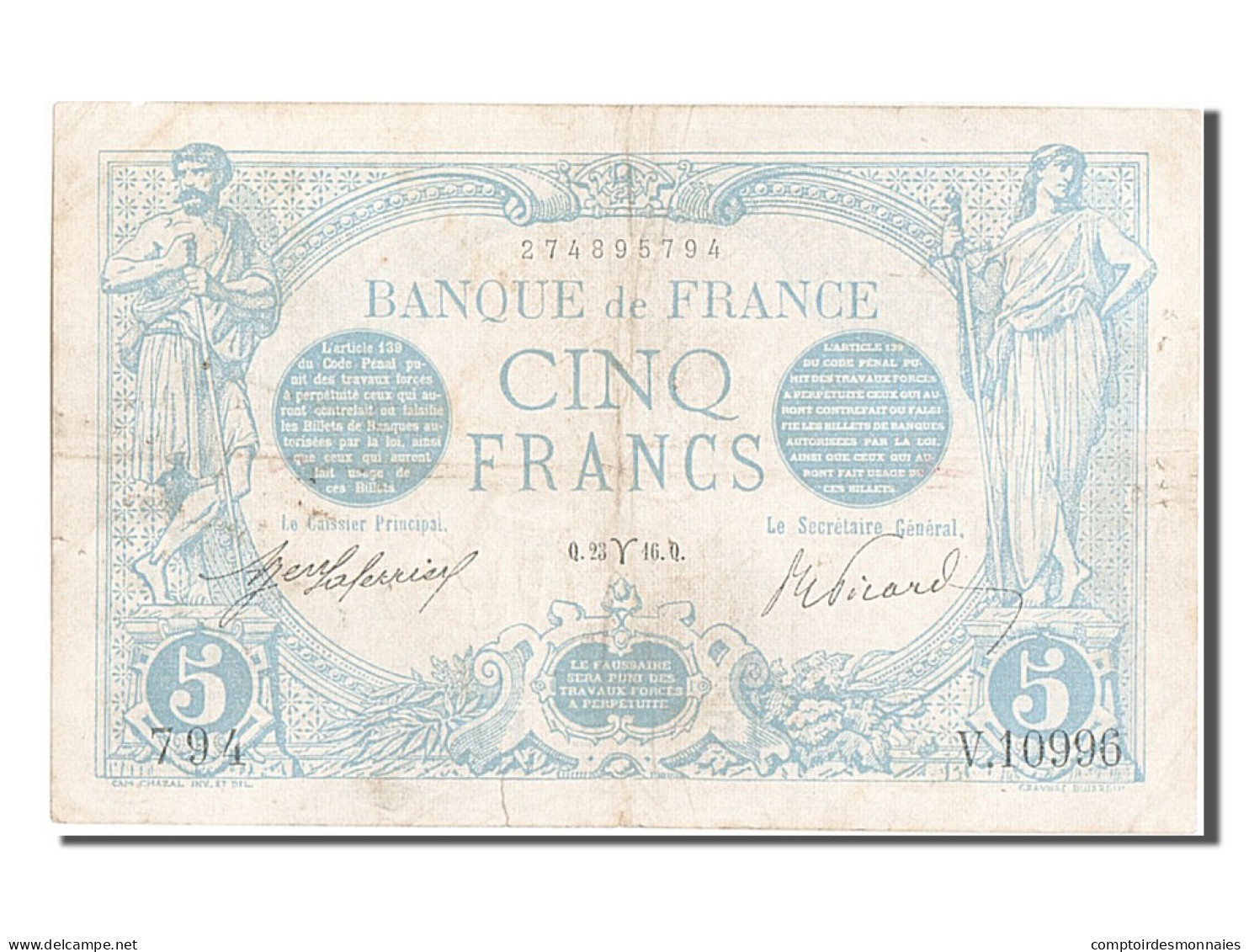 Billet, France, 5 Francs, 5 F 1912-1917 ''Bleu'', 1916, 1916-03-23, TB+ - 5 F 1912-1917 ''Bleu''